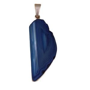 Sterling Silver Blue Agate Slice Pendant, Vintage Blue Stone Pendant